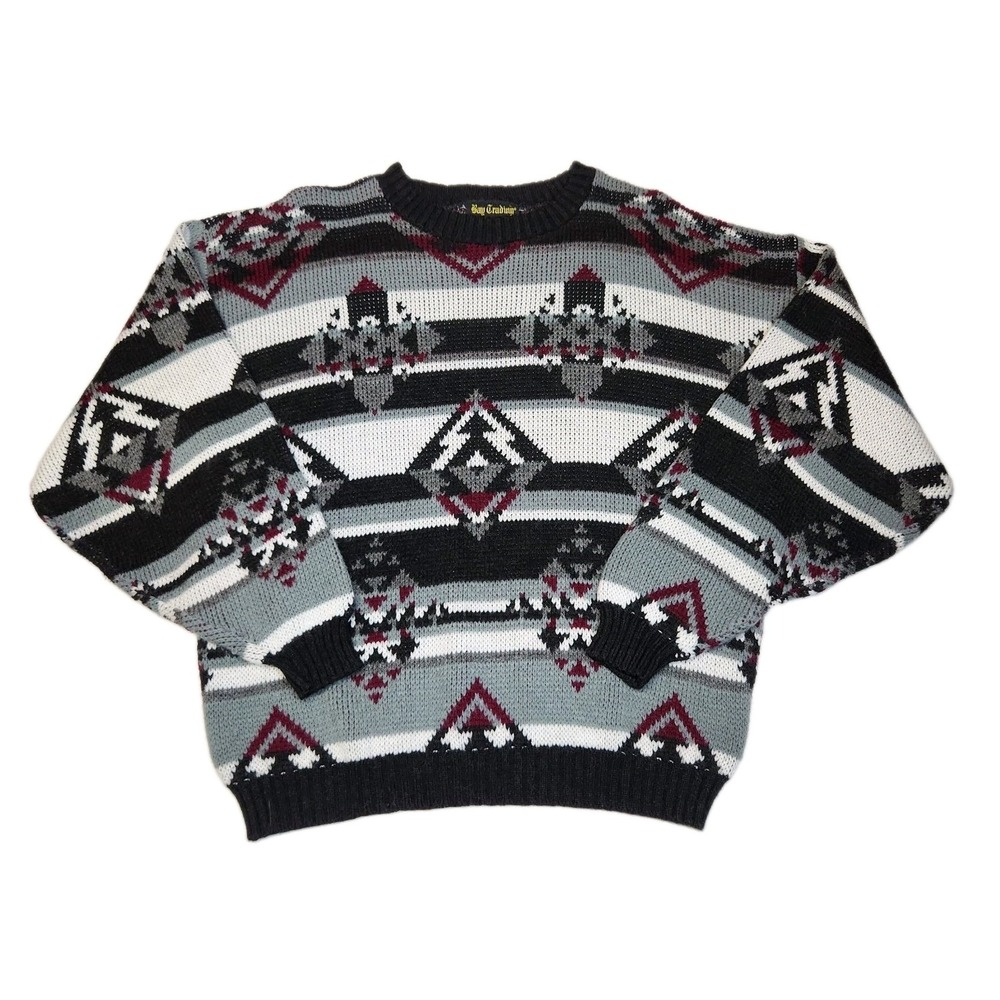 Vintage 90s Bay Trading Co Sweater L Southwestern Geometric Grandpa USA Made
